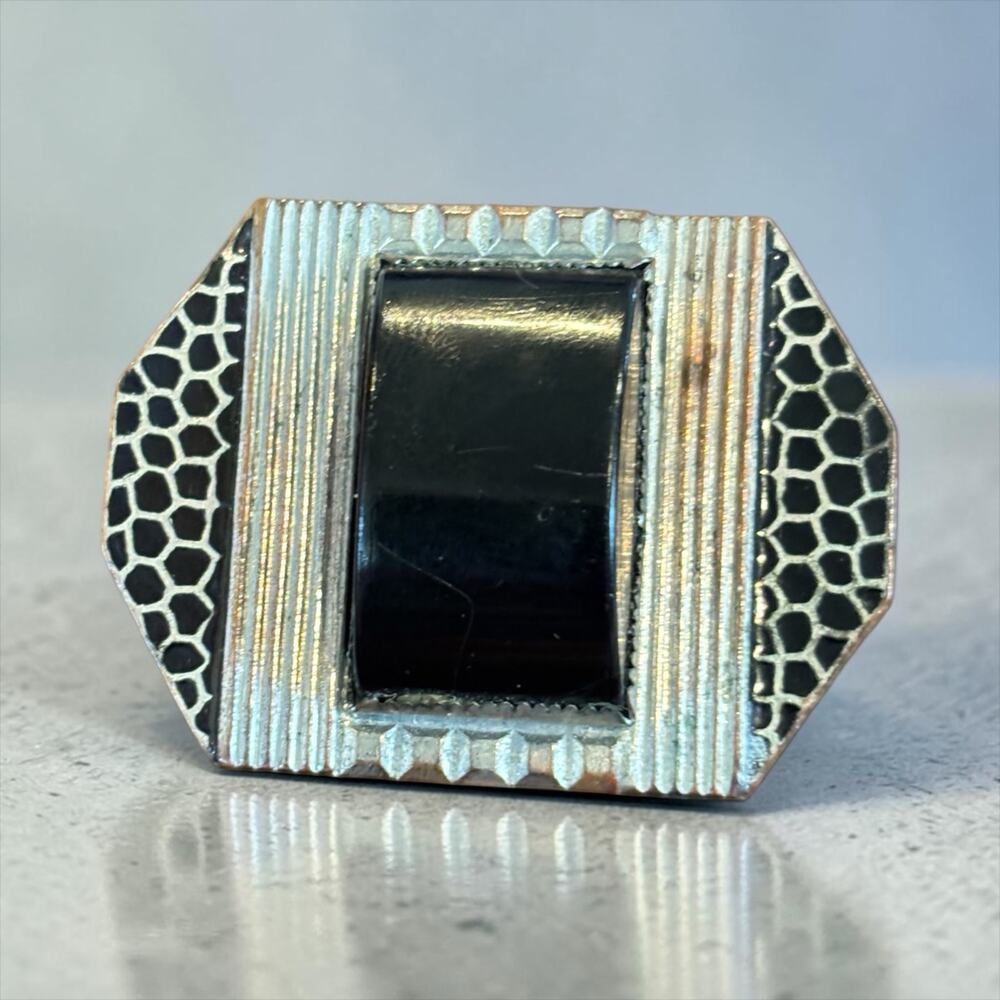 Art Deco Black Glass Brooch Machine Age Geometric Silver Tone Pin 1930s